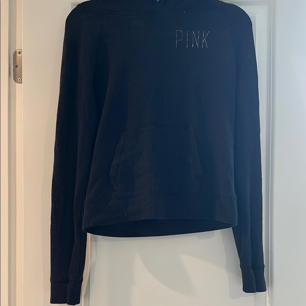 PINK Victoria's Secret Black and Silver Boxy Hoodie with Long Sleeves
